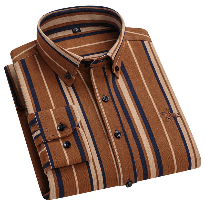 Camisa xadrez de manga longa masculina, 100% algodão, branca, azul, camisa casual, bordada, Oxford, alta qualidade, 2024