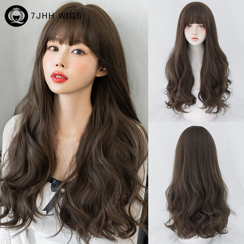 7JHH WIGS Cool Brown Wig High Density Synthetic Body Wave Brown Wigs with Neat Bangs Loose Wavy Hair Wig for Women High Quality
