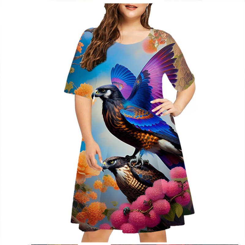 Robe à manches courtes et col rond pour femmes, vêtements décontractés, grande taille, imprimé floral, motif d'oiseaux, été, 2023