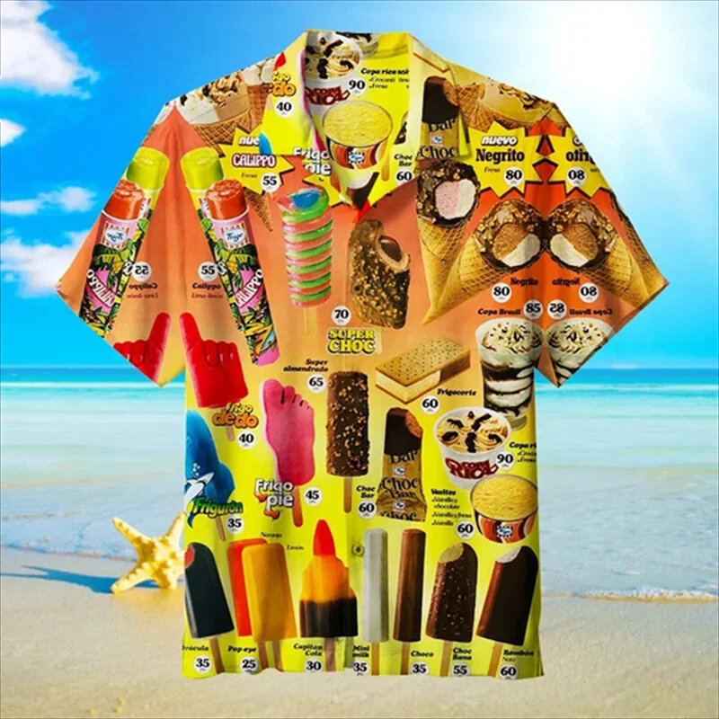 The New Designs 3D Print Trendy Cool Fashion Ice Cream Shirts Beach Party Tops Short Sleeve Lapel Camisa Masculino Female Blouse