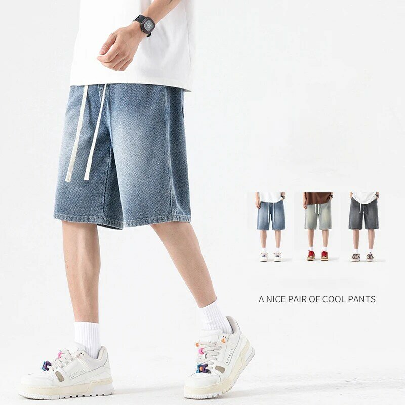 Short en jean denim mince pour homme, jambe droite, jean baggy, jambe large à la mode, taille élastique, streetwear coréen, été, nouveau, 2024
