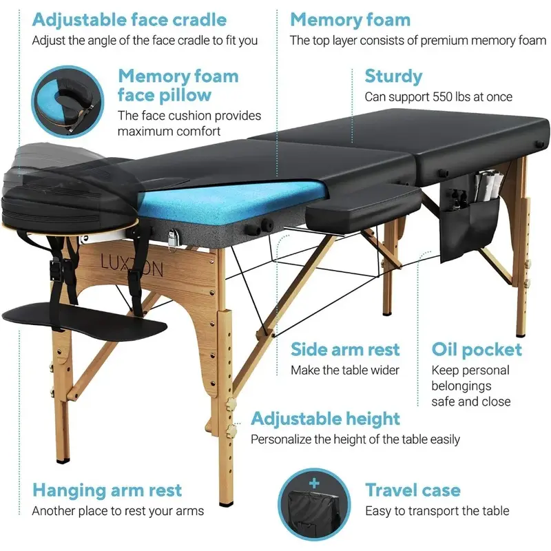 Mesa de massagem dobrável e portátil com estojo, Espuma de memória Premium, Configuração fácil