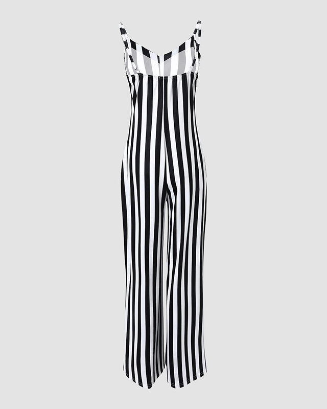 Striped Print Spaghetti Strap Wide Leg Jumpsuit Women Sleeveless Spring Summer High Waist Loose Overall Pants Jumpsuits