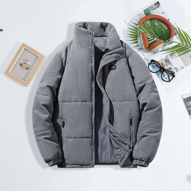 Men Cotton Coat Polyester Jacket for Men Men's Winter Cotton Coat with Stand Collar Thick Padded Windproof Warmth for Cold
