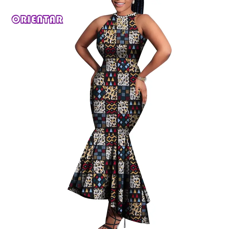 Gaun Afrika untuk Wanita Gaun Tanpa Lengan Leher O Mode Ankara Gaun Malam Pesta Dashiki Gaun Putri Duyung Elegan WY9028