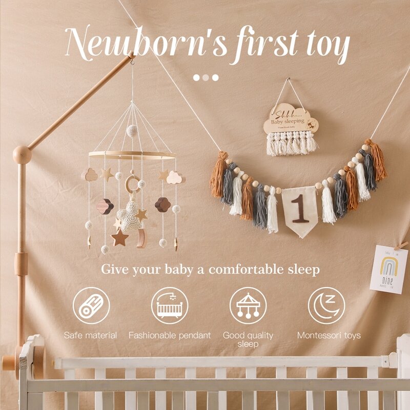 0-12 개월 아기 딸랑이 장난감, 나무 모바일 신생아 뮤직 박스, 침대 벨 걸이 장난감 홀더 브래킷, 유아 침대 장난감 선물