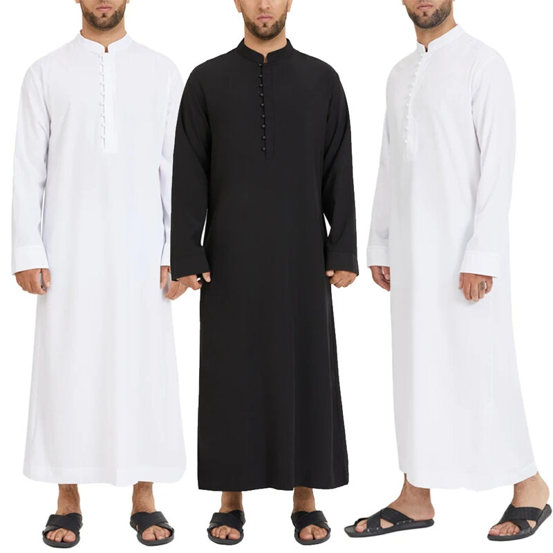 Новинка 2024, мусульманский мужской Jubba Thobe, однотонный 2024 тонкий халат с длинным рукавом, кафтан с воротником-стойкой, мусульманский, арабский, модный мужской кафтан