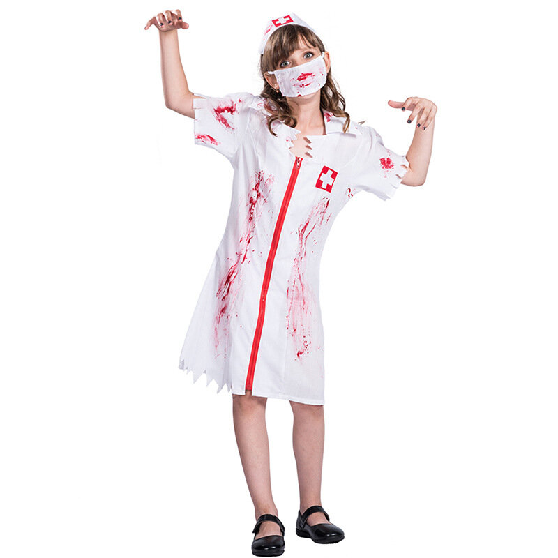 Horror Zombie Costume Nurse Uniform Blood Cosplay Scary Ghost Halloween Masquerade Home Party Costume