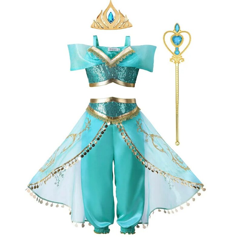 Disney 2024 Girls Jasmine Dress Aladdin Princess Magic Lamp Carnival Clothing Vestidos Halloween Party Cosplay Costume