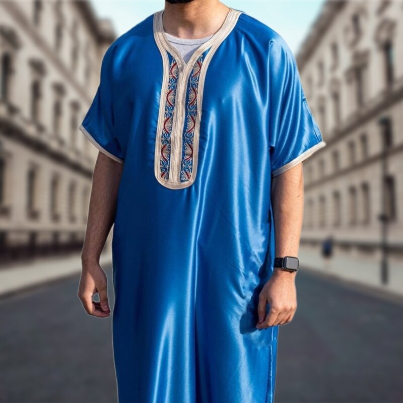 Robe Arabe Kaftan à Manches Courtes et Col Rond pour Homme, Vêtement Islamique Ethnique
