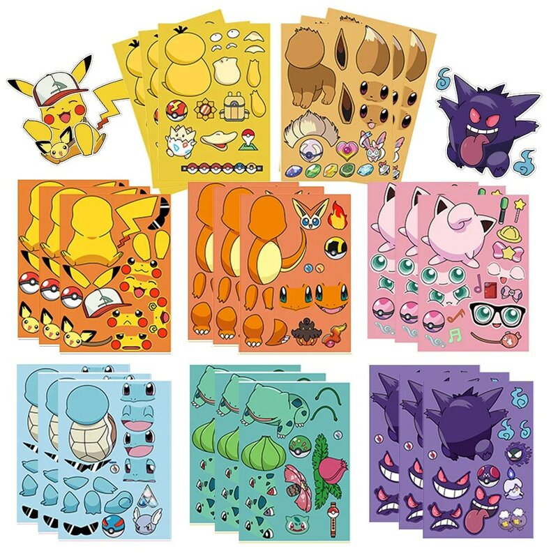 Pokémon Anime Puzzle para Crianças, Adesivos DIY, Decalque Jigsaw, Make Face Assemble, Desenhos Animados Engraçados, Presente de Brinquedo para Crianças, Menino, 8 Folhas