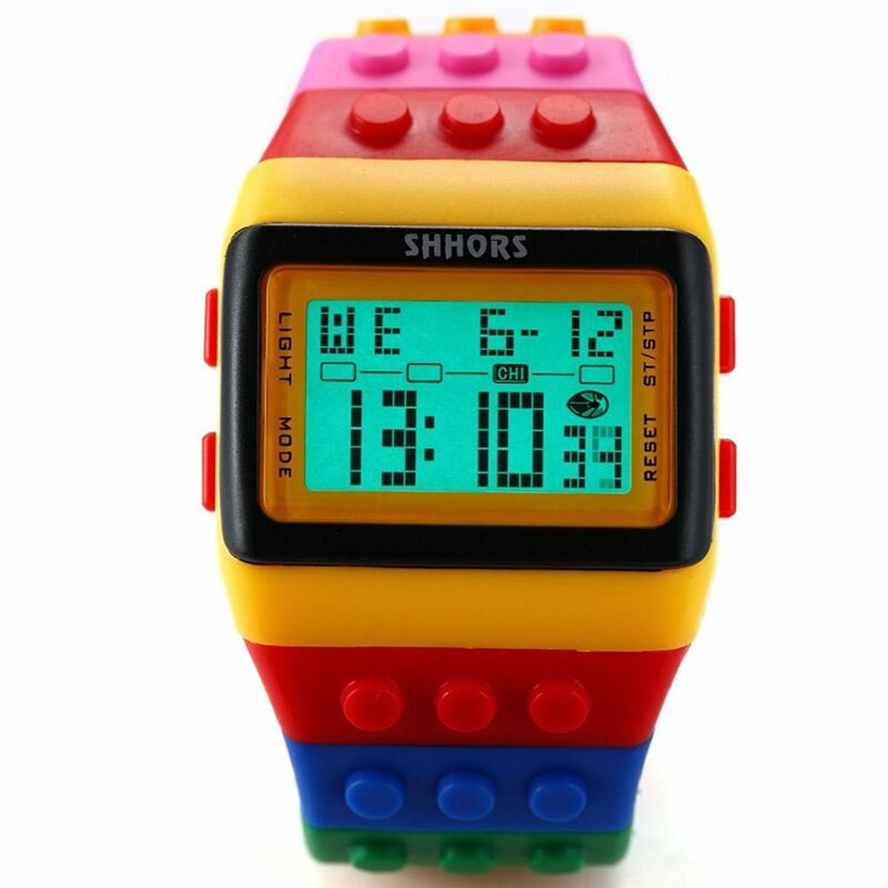 SHHORS LCD Digital Alarm Lady Men Block Constructor Stopwatch Sport Rubber Watch LED091