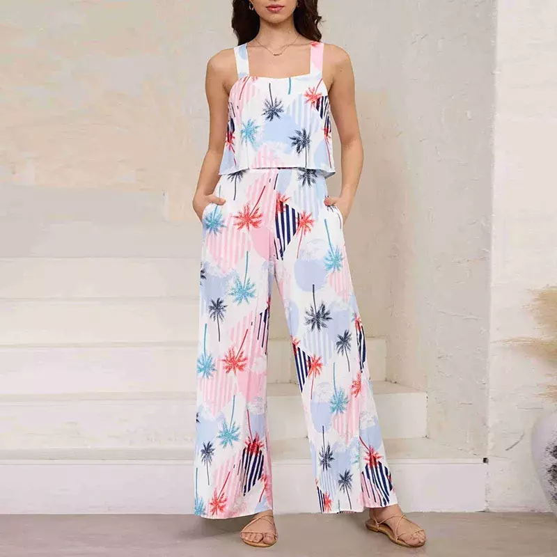 Letnie damskie proste długie spodnie kombinezony modne z nadrukiem bez rękawów elastyczne spodnie w pasie damskie kombinezon na przyjęcie