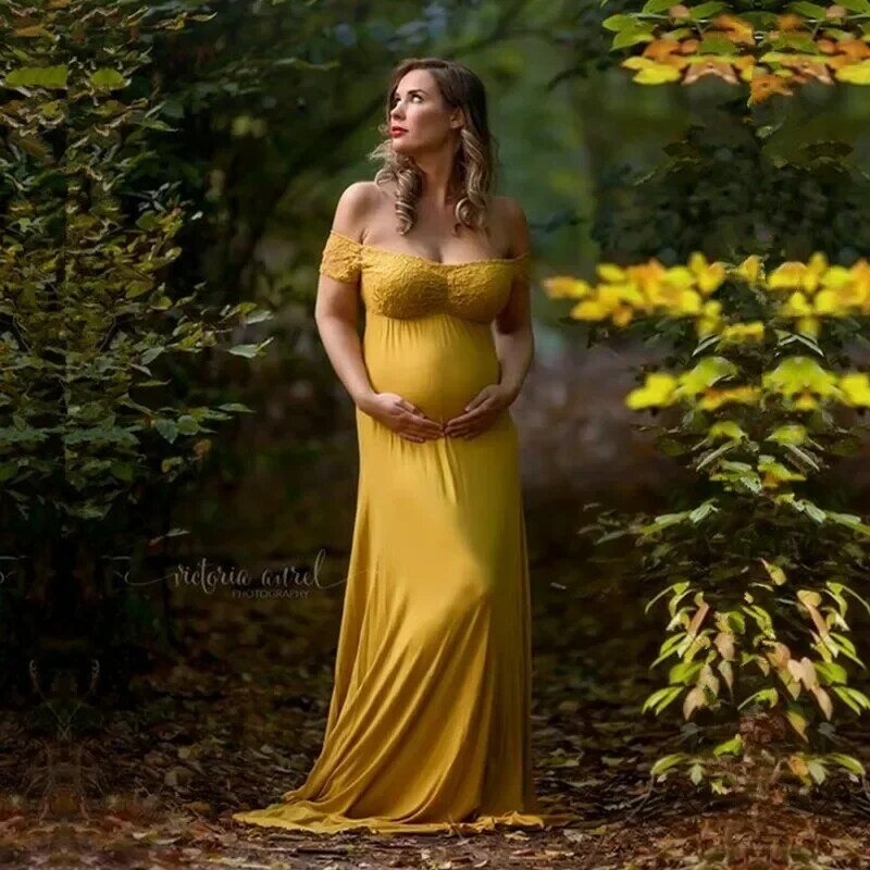 Vestido longo de maternidade gengibre para foto, Slash Neck, Fotografia de maternidade, vestidos longos, vestido de gravidez de renda