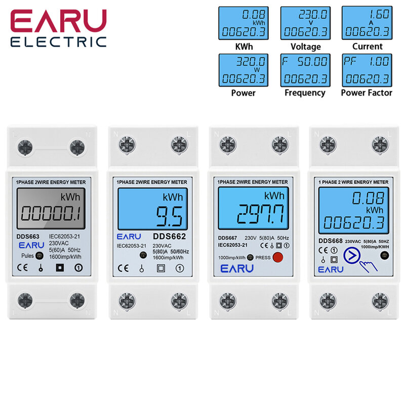 Monofásico LCD Medidor de Energia Digital, Reset Zero, kWh, Tensão, Corrente, Consumo de Energia, Contador Elétrico, Wattmeter, 220V Din Rail