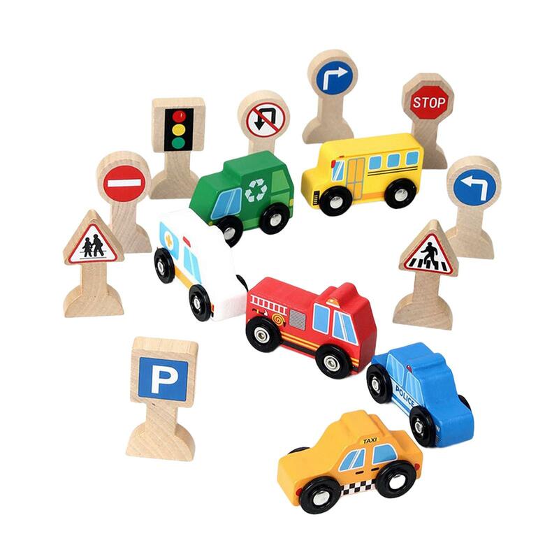 Mainan kendaraan tanda lalu lintas kayu, perlengkapan pesta ringan koleksi mobil Mini untuk anak laki-laki balita hadiah liburan