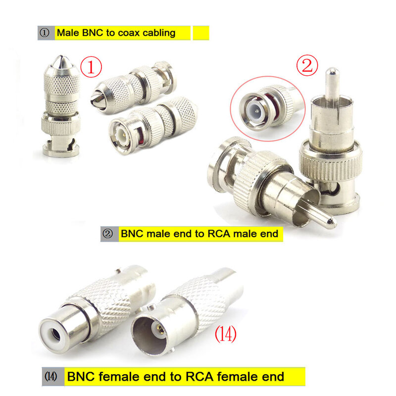 Connecteur BNC RCA femelle et mâle, adaptateur de câblage coaxial, caméra CCTV, système de sécurité, surveillance AV vidéo, câble adaptateur, 5 pièces