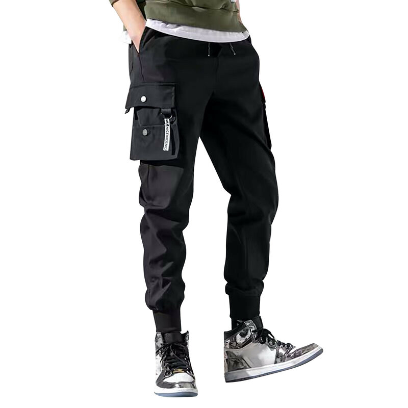 2024 New Joggers Cargo Pants For Men Casual Hip Hop Hit Color Pocket Male Trousers Sweatpants Streetwear Ribbons Techwear Pants