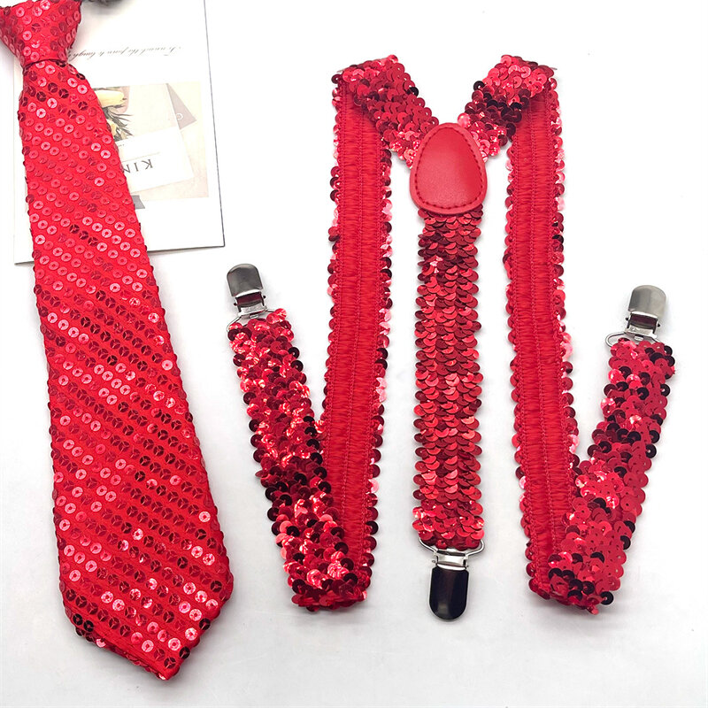 Conjunto de tirantes con corbata para hombre, tirantes elásticos tipo Y de alta resistencia, 3 Clips, lentejuelas, regalo