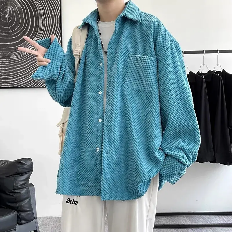 New Korean Style Shirt Plus Size 5Xl-M Corduroy Shirts Men Harajuku Pineapple Cubes Mens Shirt Long Sleeve Streetwear Fashions