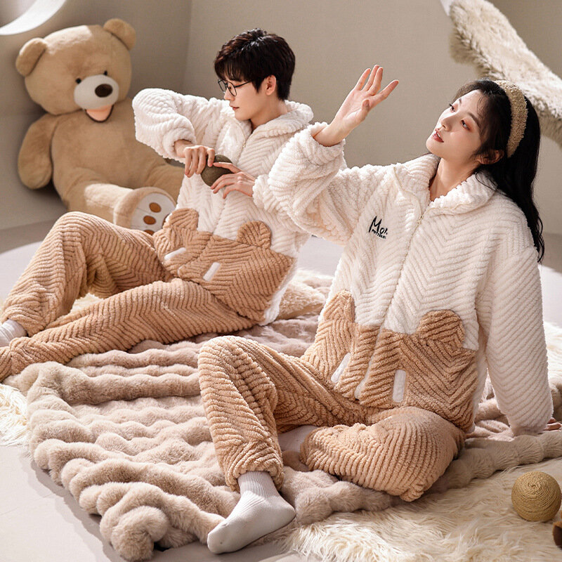 Winter Couple Pajamas Thickened Warm Loungewear Set Coral Fleece Long-Sleeved Cardigan Can Be Worn Outside Flannel Men Pijamas