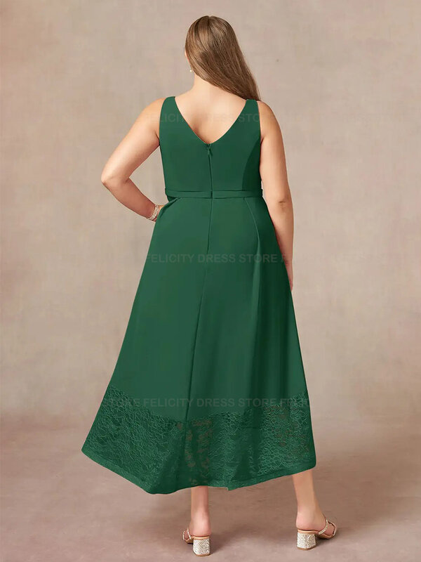 Vestido verde de talla grande para madre de la novia, traje acampanado con cuello en V para invitados de boda, encaje de gasa, largo hasta el té, 2023