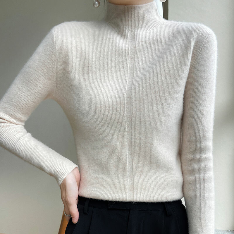 클래식 올 울 슬림 하프 터틀넥 보터밍 셔츠, 여성 가을 겨울 최신 풀오버 기질 스웨터
