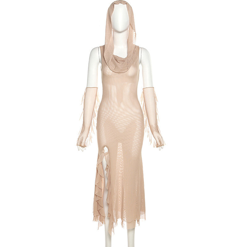 Sexy Kapuze Frauen Kleid durchsichtig mit Rüschen Handschuhe Seite geteilt unregelmäßig dünn ärmellose Party Clubwear Bodycon