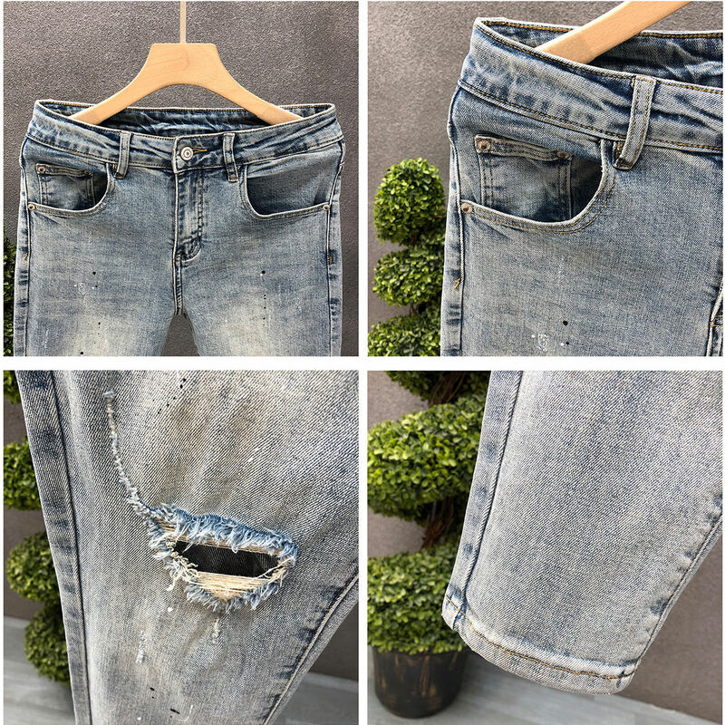 Fashion Designer Mens Slim Fit Jeans Ink Splatter Ripped Holes for Spring and Autumn Casual Wear Distressed Stylish Pencil Pants