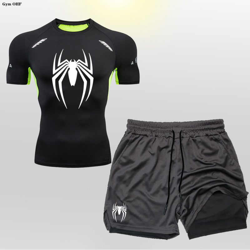 Шорты для бега 2 в 1, мужские комплекты, быстросохнущая спортивная рубашка Рашгард для фитнеса, комплект одежды супергероя, футболка для спортзала, мужская одежда