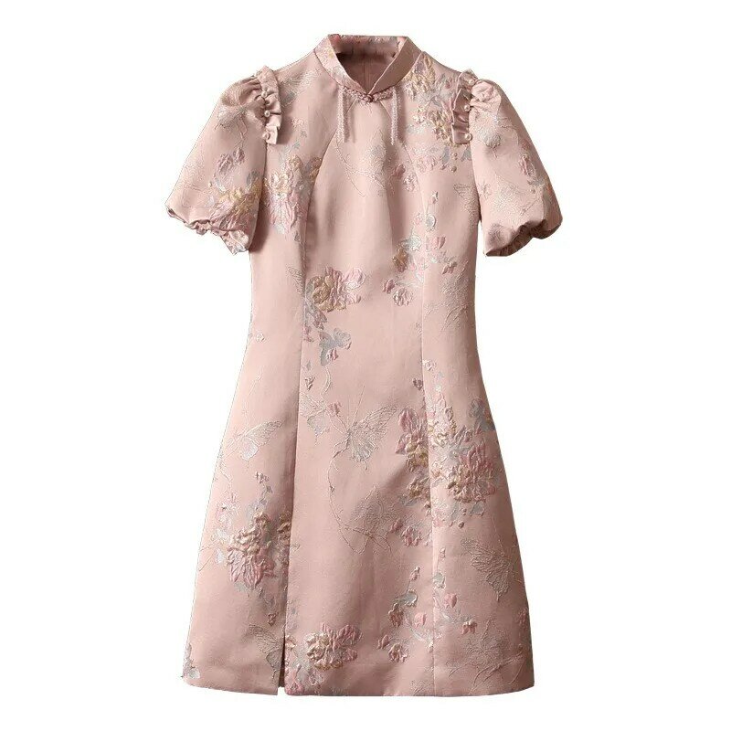 Gaun Cheongsam wanita modifikasi gaun renda mirip jamur pohon Jacquard kerah berdiri Retro Cina baru