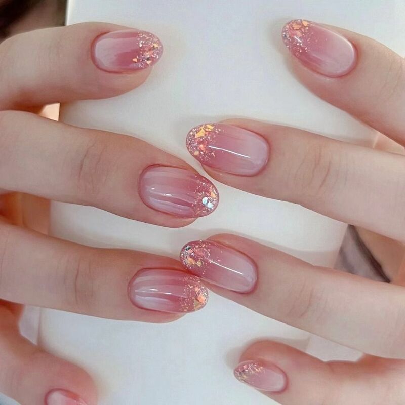 24pcs Almond False Nails French Bow Pearl Flower Glitter  Fake Nails Gradient Press on Nails DIY Manicure Detachable Nail Tips