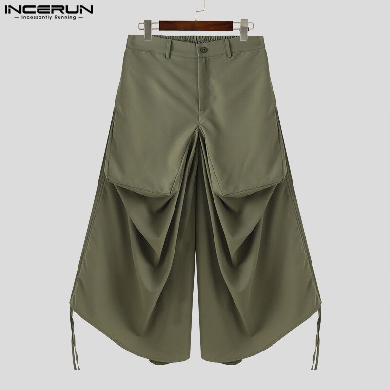 INCERUN Men Pant Men Clothing 2024 Summer Loose Drawstring Irregular Long Trouser Party  Cargo Pockets Long Pants Solid Pantalon