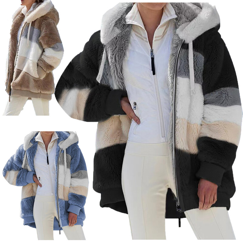 Women Teddy Bear Coat Zipper Oversized Jacket New Autumn Winter Warm Plush Pocket Hooded Streetwear Loose Lady Outerwear Coats