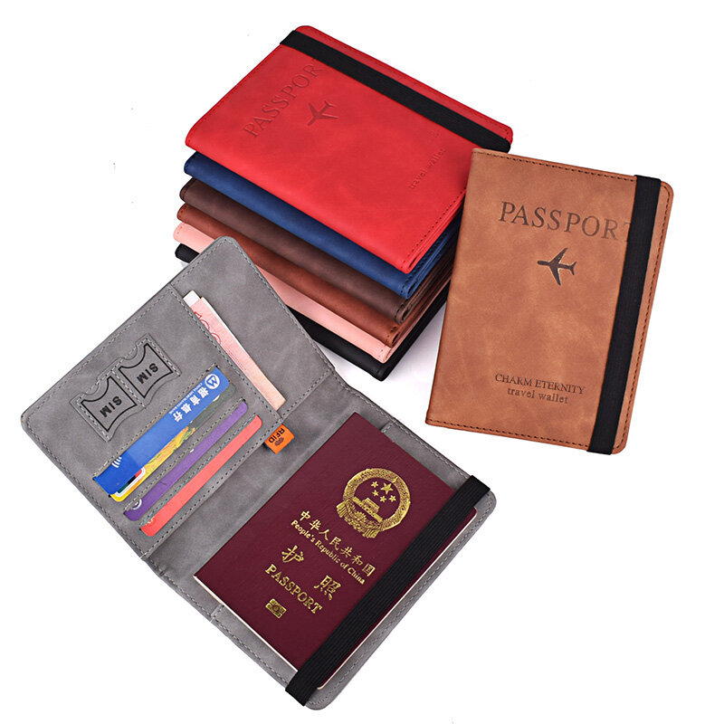 Funda de cuero con banda elástica para pasaporte para hombres y mujeres, bloqueo RFID, soporte para tarjetas de identificación de viaje, BILLETERA, organizador de documentos, Rusia, EE. UU.