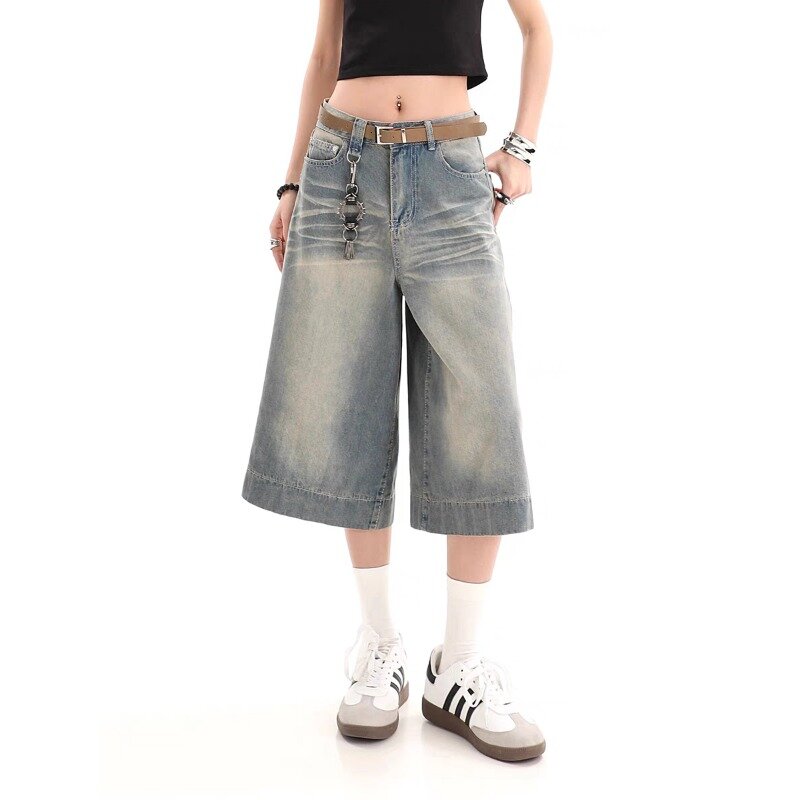 Винтажные мешковатые джинсовые шорты Deeptown Y2k, джинсовые шорты с широкими штанинами в стиле Харадзюку, джинсовые брюки, Корейская уличная мода, свободные летние брюки