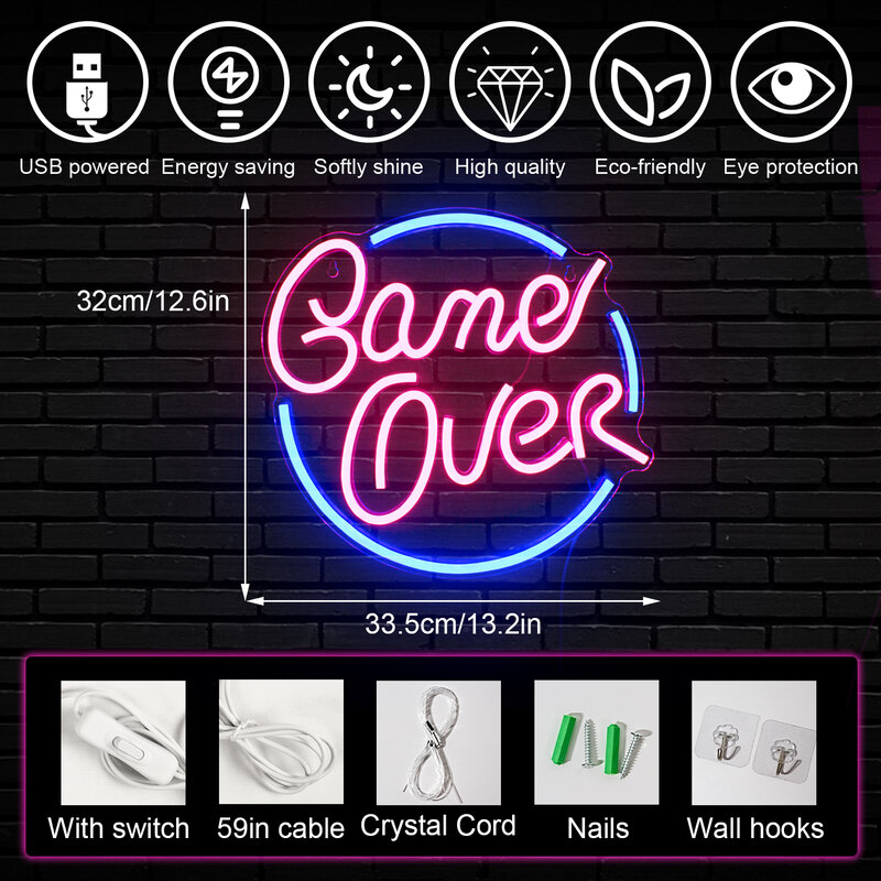 Lampu Dinding LED Game Over Neon, lampu Logo Game dekorasi kamar Gamer lampu dinding bertenaga USB untuk pesta Kamar Tidur Bar hadiah ruang bermain