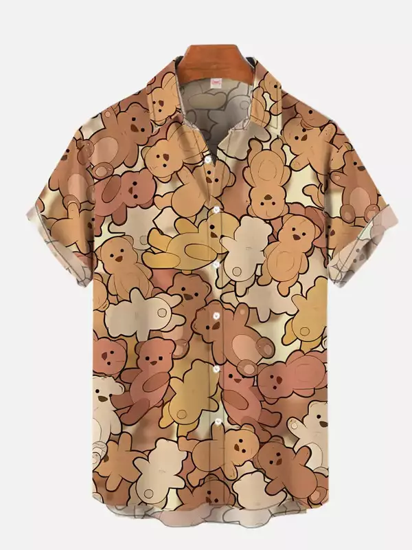 Camisa de manga corta para hombre, camisa informal con estampado de oso arcoíris colorido y denso, talla grande, novedad de verano