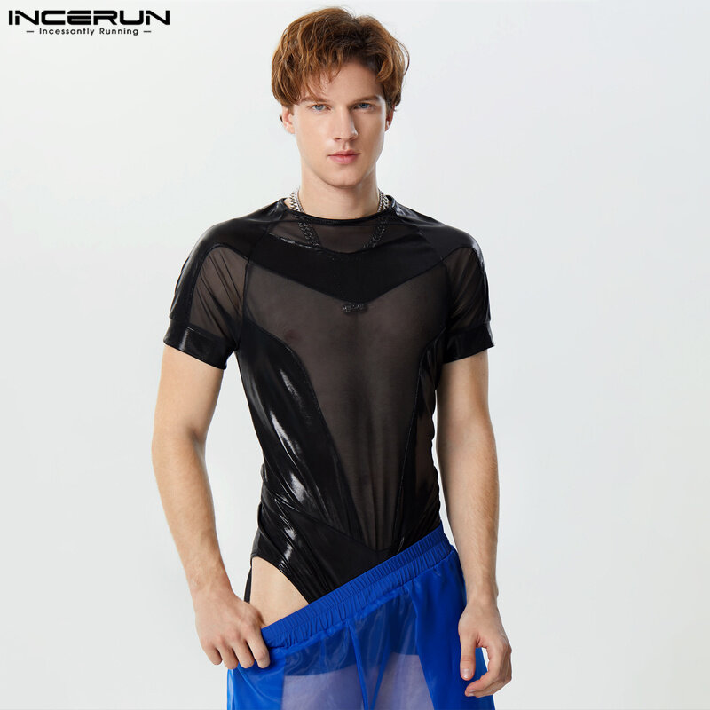 INCERUN 2024 Men's Bodysuits Mesh Patchwork Shiny O-neck Short Sleeve Male Rompers Transparent Streetwear Fashion Bodysuit S-3XL