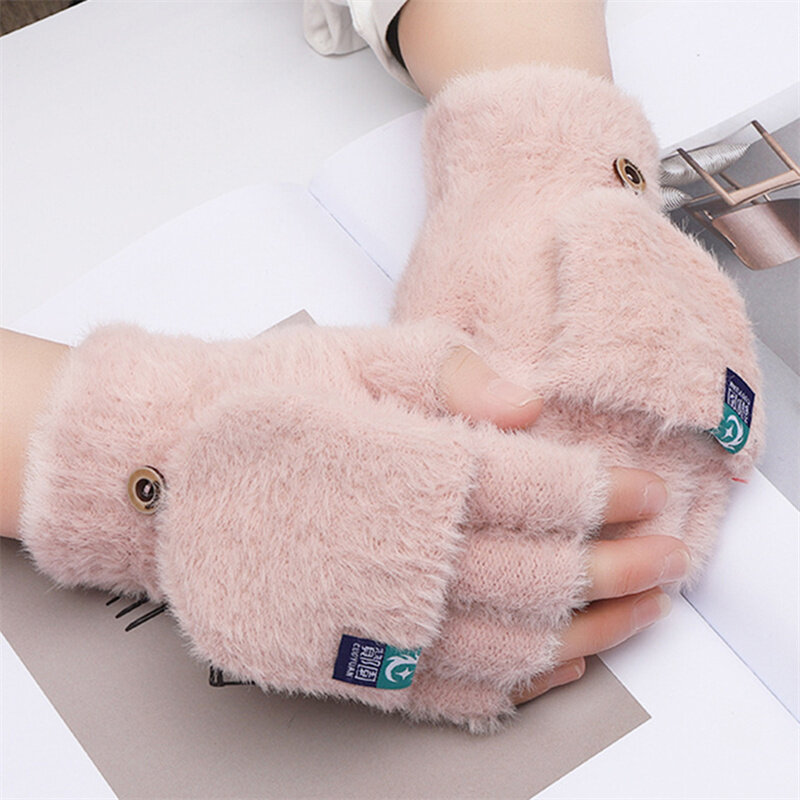 Manoplas cálidas de piel de conejo para mujer, guantes de felpa con tapa, sin dedos, guantes de trabajo gruesos, medio dedo, Invierno
