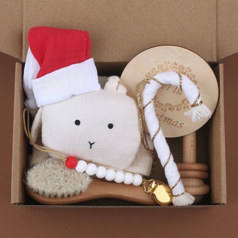 6Pcs Christmas Gift Set Baby Stuff Newborn Christmas Card Baby Cotton Soothe Appease Towel Pacifier Chain Clip Hairbrush