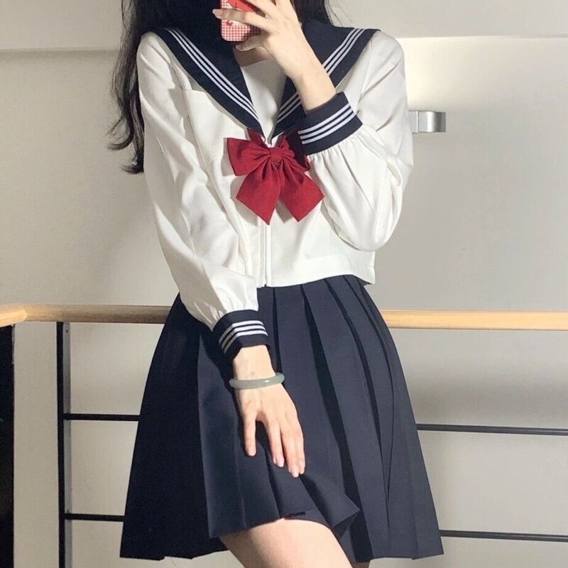 女性のための日本の制服、セクシーな女の子のjkスーツ、3つの基本的なセーラーユニフォーム、長袖、赤白、春と秋