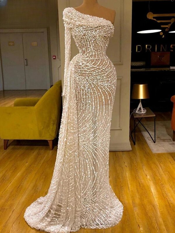 Sexy Illusion One Shoulder Cocktail Dresses Sparkly Sequins Beads Evening Dress Luxury Mermaid Long Prom Gown Robe De Mariée