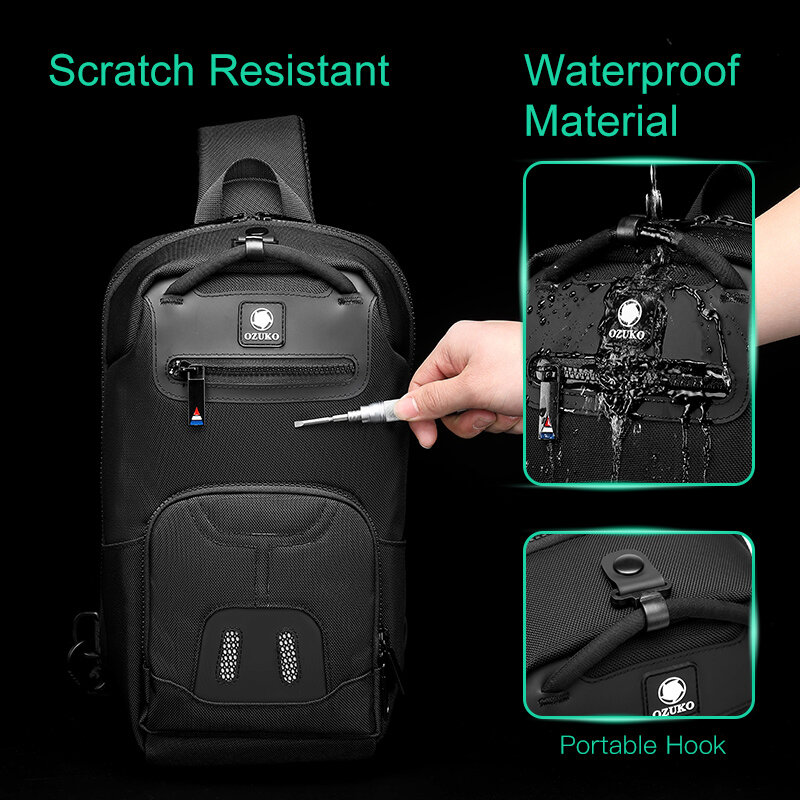 Ozuko-10代の男性用の防水クロスオーバーバッグ,多機能チェストバッグ,USBトラベルバッグ