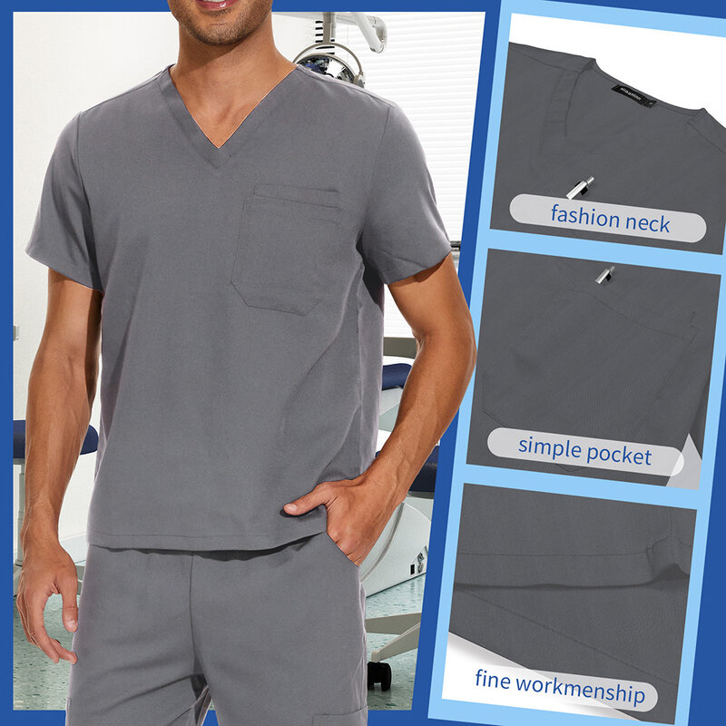 Celana Scrub pria, S-3XL seragam medis lengan pendek, kostum dokter gigi dan celana perawat leher V