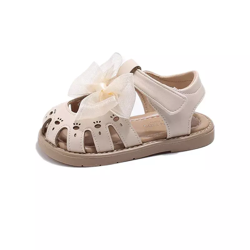 Sandalias planas con lazo de encaje para niña pequeña, sandalias de playa Beige, elegantes, informales, a la moda, de verano