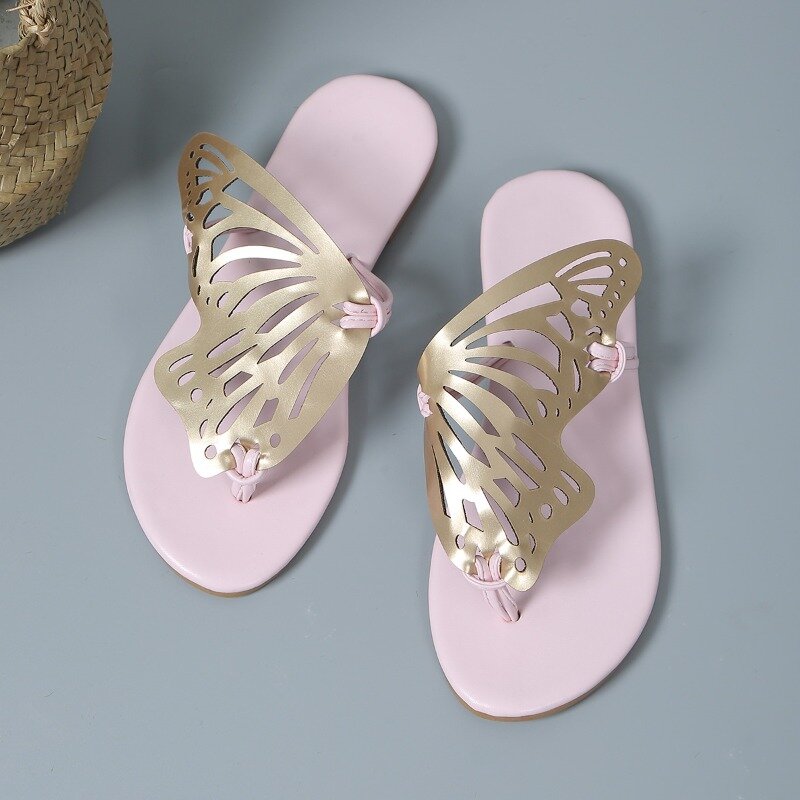 2024 New Large Size Hollow Breathable Flat Bottom Slippers Women's Clip Toe Butterfly shaped Fish Mouth Slippers