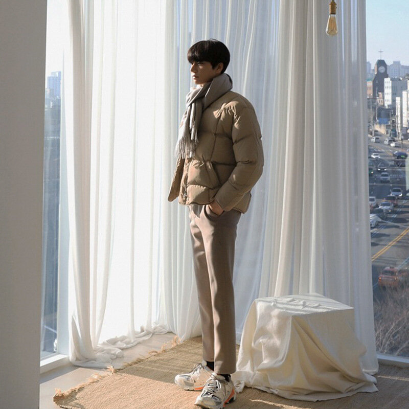 Jaqueta de algodão grosso masculina gola alta jaqueta curta, terno de pão solto para menino, roupa de algodão versão coreana, inverno