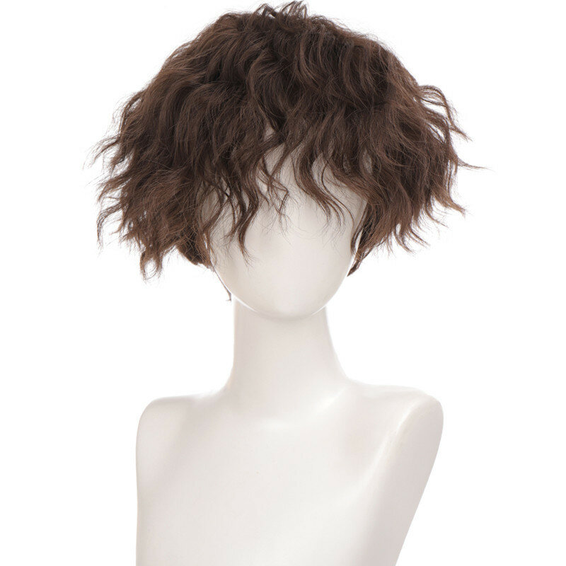 Wig untuk pria dan wanita, rambut keriting pendek uniseks, pengeriting foil timah, wajah gelembung tampan, penutup wig serat sintetis