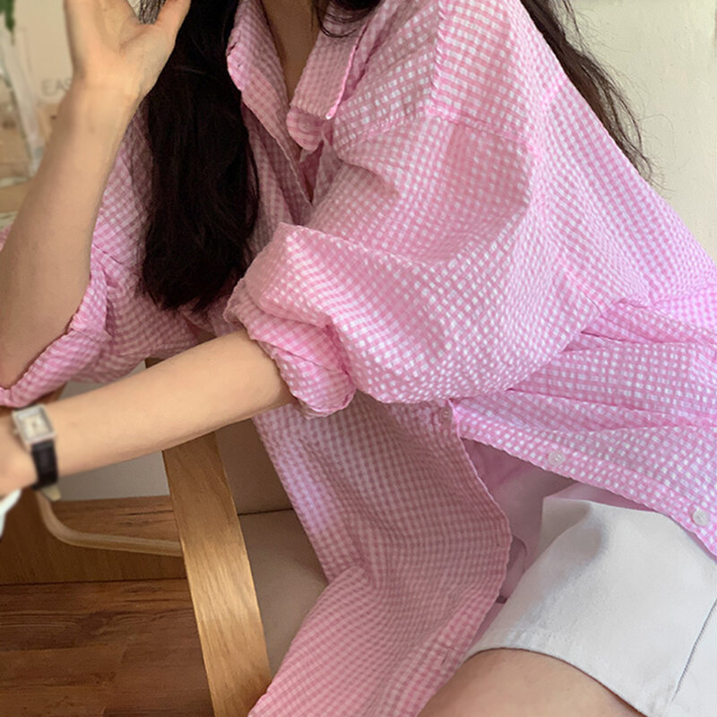 Women's Loose Shirt Sunscreen Long Sleeves Lazy Style Loose Casual Single Breasted Turndown Collar Plaid Blouse